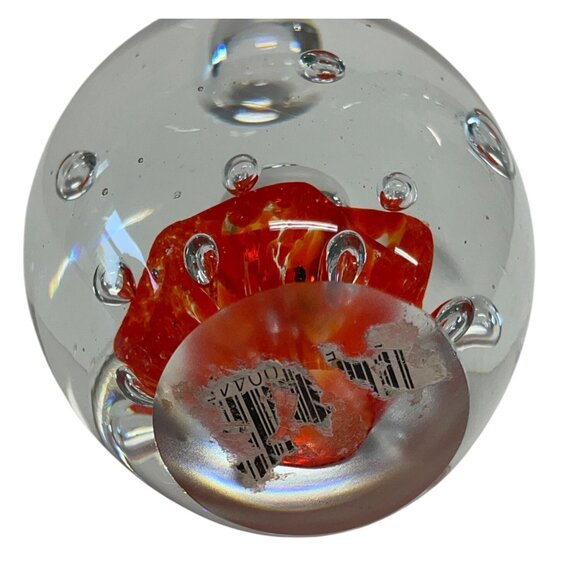 Handcrafted Clear Orange Glass Paperweight Art Piece Bubbles 3” Sphere - Picture 4 of 6